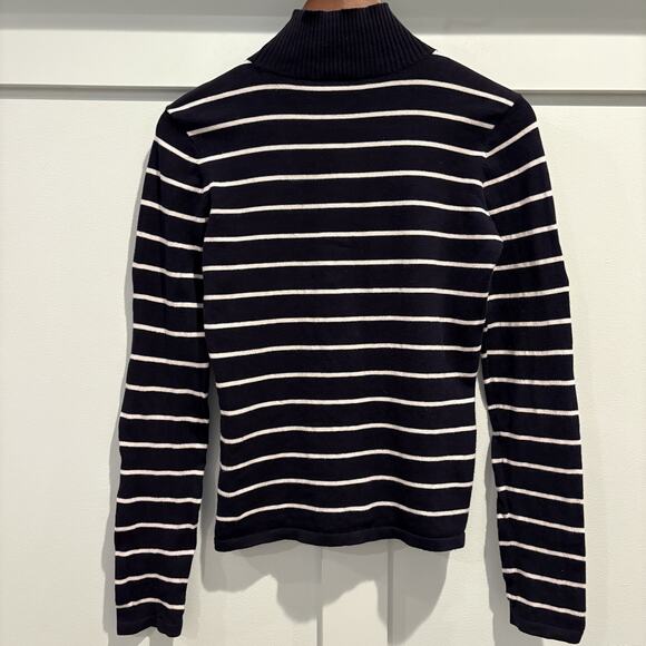 Laura Ashley Sweater Women Small Navy Striped Button Shoulder Mock Neck Nautical - Picture 6 of 11